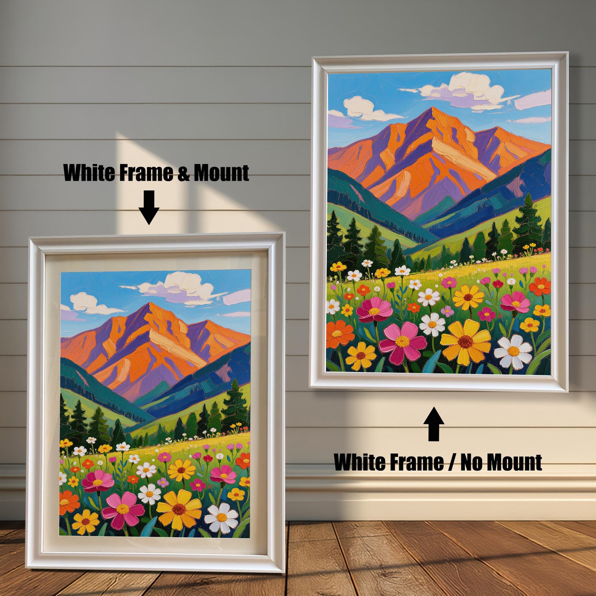 A white-framed art print of a mountain landscape is shown in two styles: with a mount (mat) on the left and without a mount on the right.