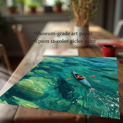 A close-up, angled view of a single art print of a person kayaking on a wooden table, highlighting its museum-grade paper and giclée printing.