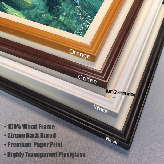 A close-up, angled view of four different frame color options—orange, coffee, white, and black—and their specifications.