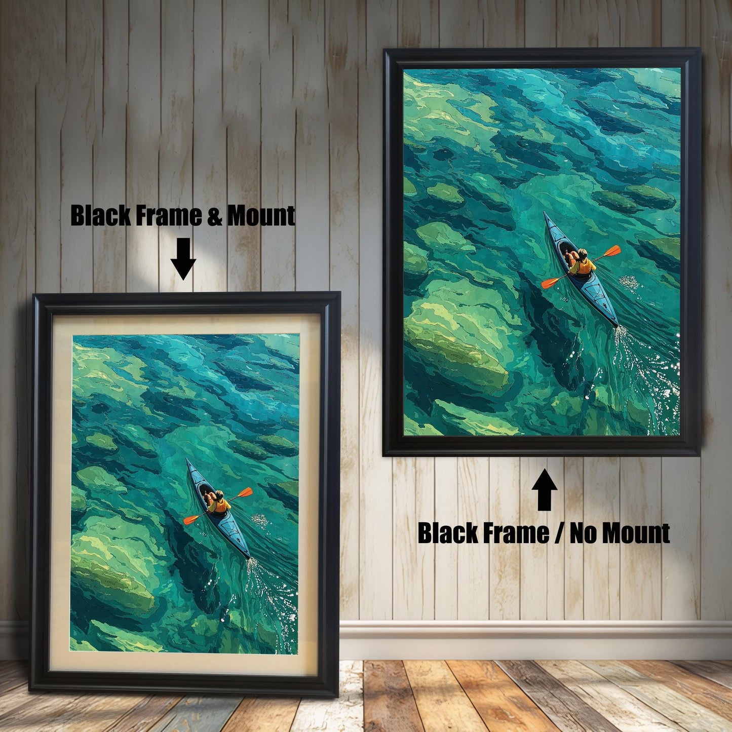 A black-framed art print of a person kayaking on turquoise water is displayed in two styles: with a mount (mat) on the left and without a mount on the right.