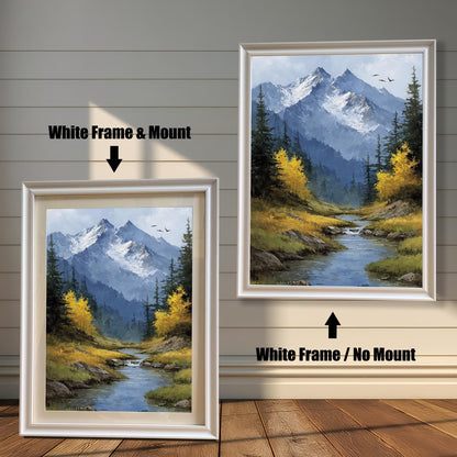 A white-framed art print of a mountain stream landscape is shown in two styles: with a mount (mat) on the left and without a mount on the right.