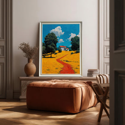 A vertical shot of a framed painting with a metallic silver frame. The painting is propped on a low wooden and marble table with a brown leather ottoman in front of it. A vase and some books are visible on the table.