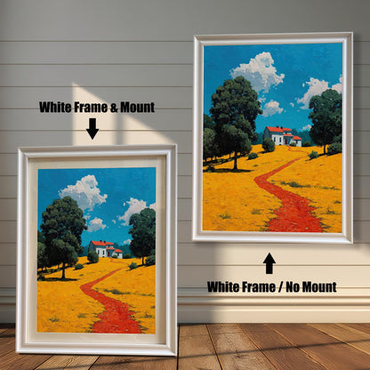 A side-by-side comparison of a landscape painting with a white frame. The image on the left, labeled "White Frame & Mount," includes a white mat board. The image on the right, labeled "White Frame / No Mount," has no mat.