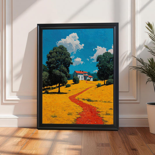 A vertical shot of a framed painting leaning against a white wainscoted wall. The painting shows a red path leading to a white house on a yellow hill. A potted plant sits to the right of the frame on a wooden floor.