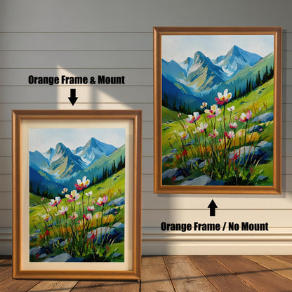 A side-by-side comparison of a landscape painting with an orange-colored frame. The image on the left, labeled "Orange Frame & Mount," includes a light-colored mat board. The image on the right, labeled "Orange Frame / No Mount," has no mat.