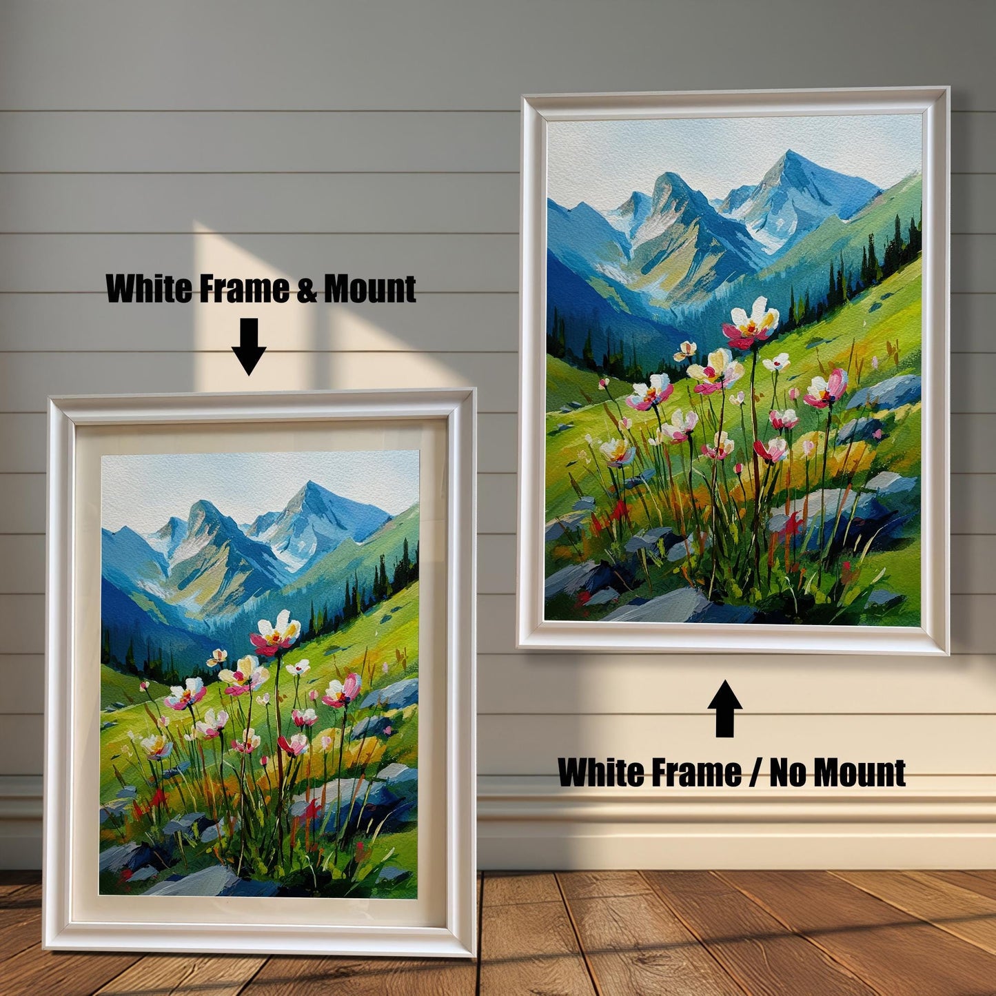 A side-by-side comparison of a landscape painting with a white frame. The image on the left, labeled "White Frame & Mount," includes a white mat board. The image on the right, labeled "White Frame / No Mount," has no mat.