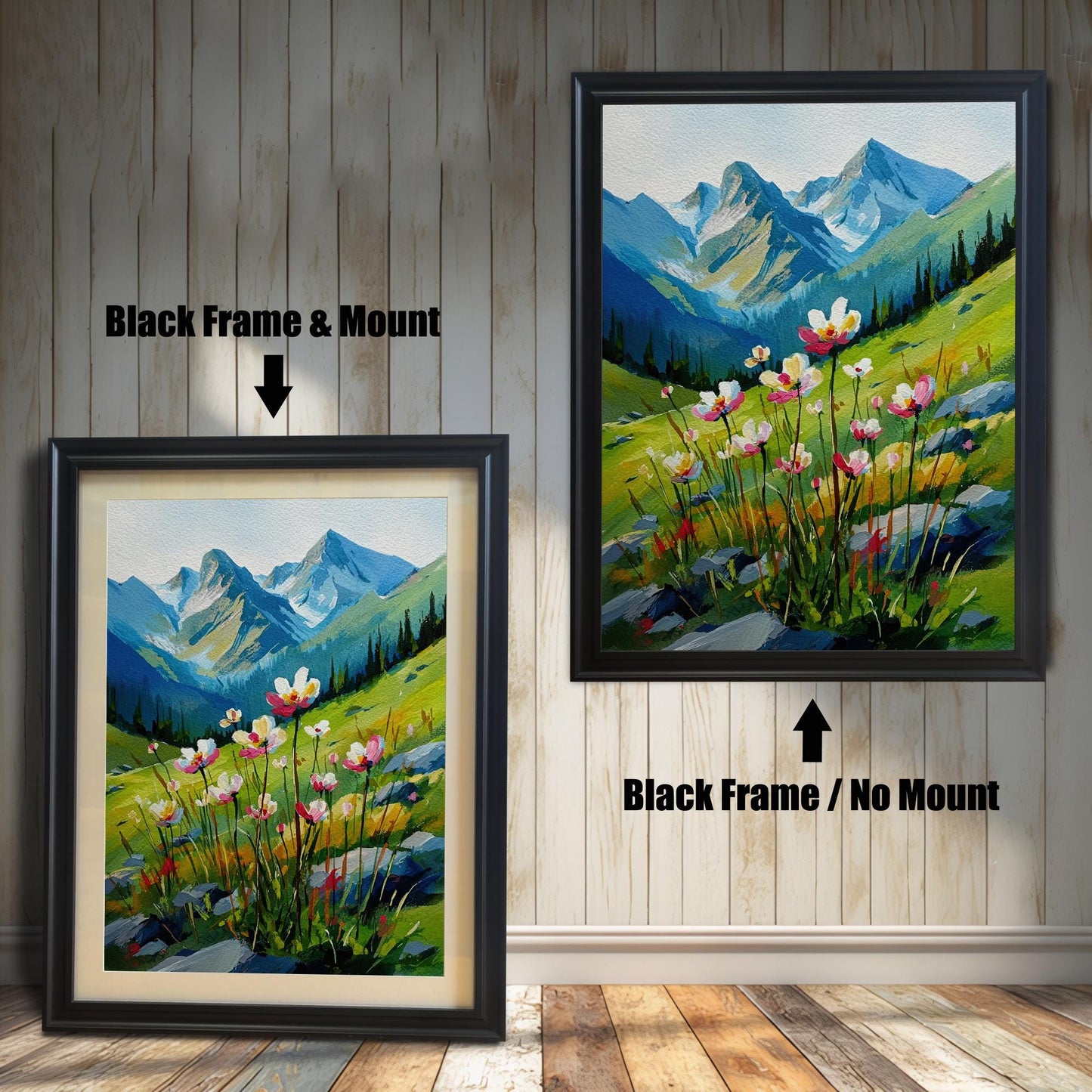 A side-by-side comparison of a landscape painting with a black frame. The image on the left, labeled "Black Frame & Mount," includes a light-colored mat board. The image on the right, labeled "Black Frame / No Mount," has no mat.