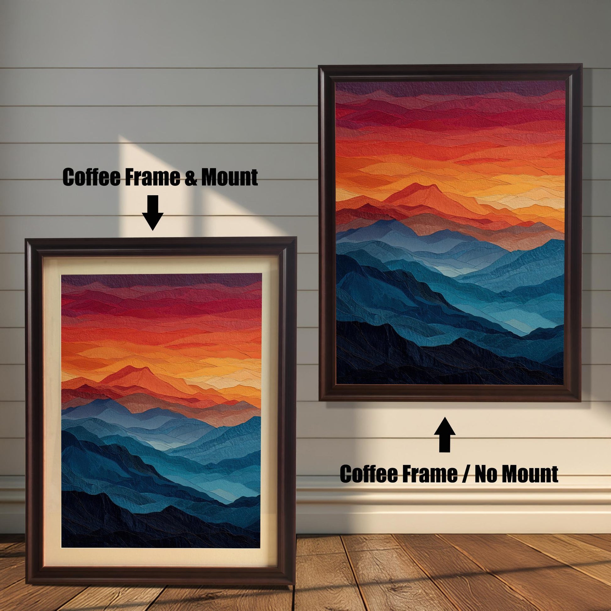 A side-by-side comparison of a mountain landscape painting with a coffee-colored frame. The image on the left, labeled "Coffee Frame & Mount," includes a light-colored mat board. The image on the right, labeled "Coffee Frame / No Mount," has no mat.