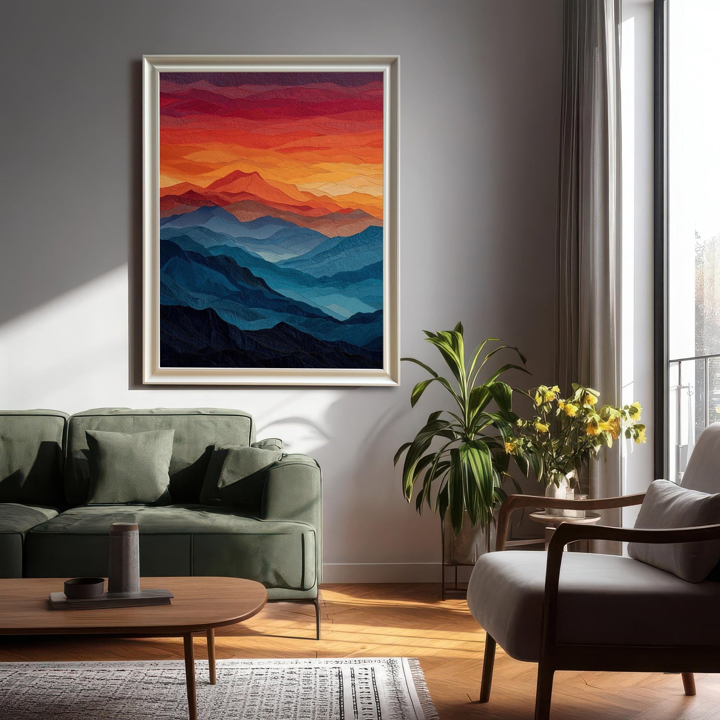 A large framed painting with a metallic silver frame hangs on a gray wall above a green couch. The painting shows a layered mountain landscape in shades of blue, with a red and orange sky.