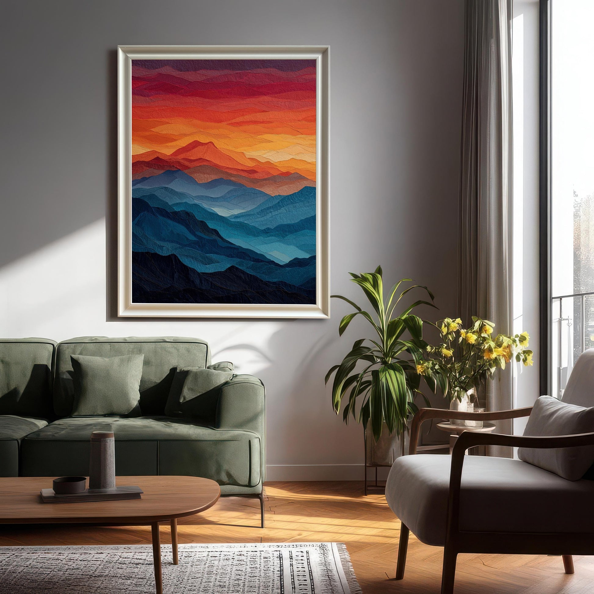 A large framed painting with a metallic silver frame hangs on a gray wall above a green couch. The painting shows a layered mountain landscape in shades of blue, with a red and orange sky.