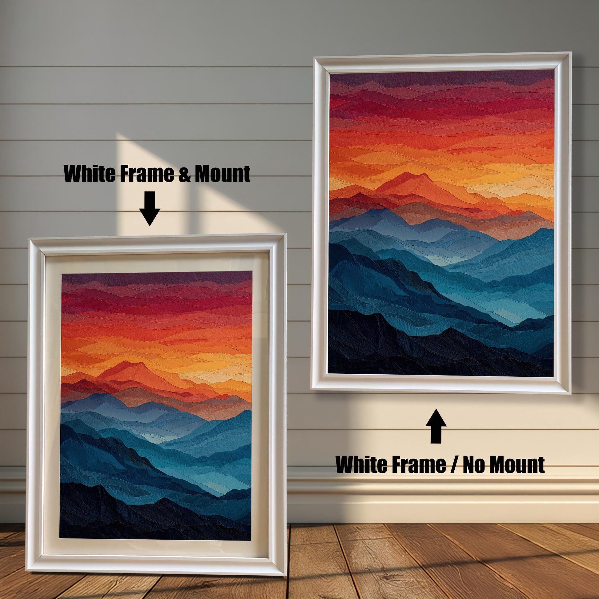 A side-by-side comparison of a mountain landscape painting with a white frame. The image on the left, labeled "White Frame & Mount," includes a white mat board. The image on the right, labeled "White Frame / No Mount," has no mat.