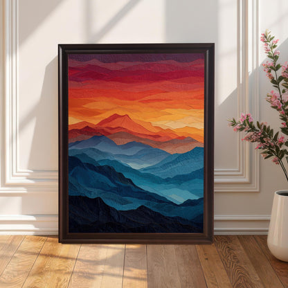A framed painting with a coffee-colored frame is leaning against a white wainscoted wall. The painting shows a layered mountain landscape in shades of blue, with a red and orange sky. A potted plant with pink flowers sits to the right of the frame.