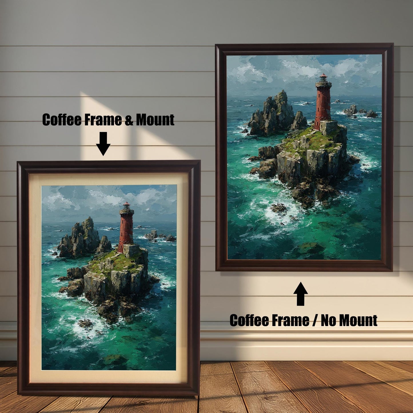 A side-by-side comparison of a lighthouse painting with a coffee-colored frame. The image on the left, labeled "Coffee Frame & Mount," includes a light-colored mat board. The image on the right, labeled "Coffee Frame / No Mount," has no mat.