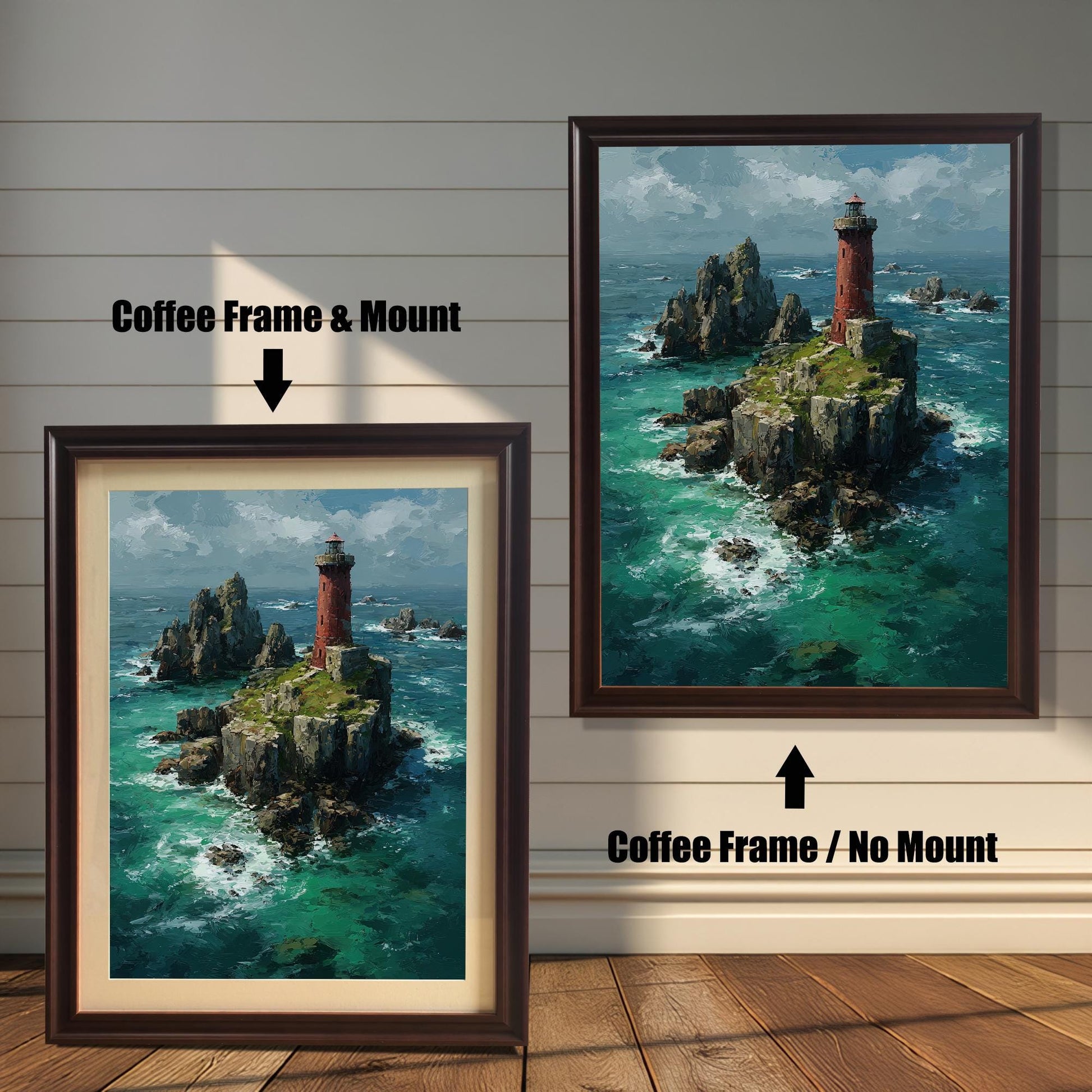 A side-by-side comparison of a lighthouse painting with a coffee-colored frame. The image on the left, labeled "Coffee Frame & Mount," includes a light-colored mat board. The image on the right, labeled "Coffee Frame / No Mount," has no mat.