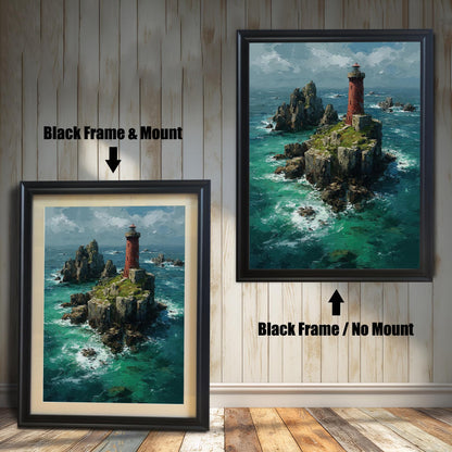A side-by-side comparison of a lighthouse painting with a black frame. The image on the left, labeled "Black Frame & Mount," includes a light-colored mat board. The image on the right, labeled "Black Frame / No Mount," has no mat.