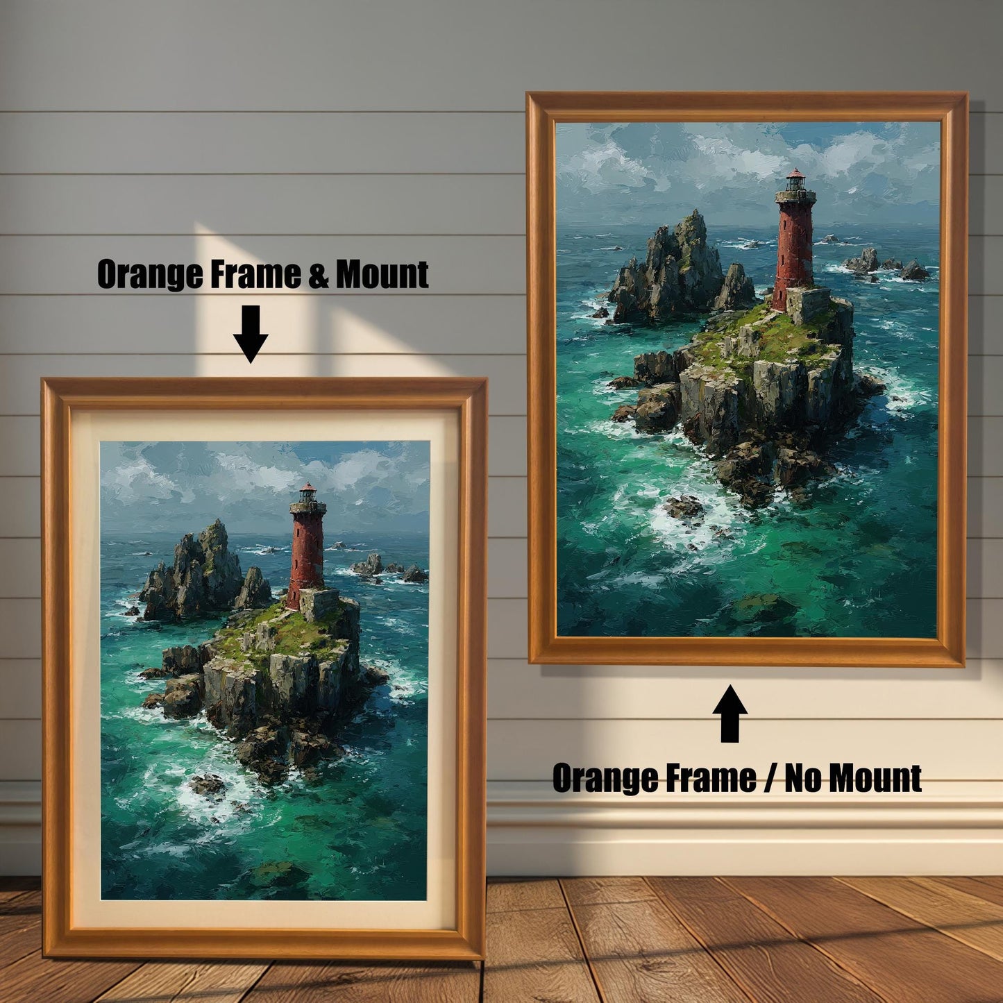 A side-by-side comparison of a lighthouse painting with an orange-colored frame. The image on the left, labeled "Orange Frame & Mount," includes a light-colored mat board. The image on the right, labeled "Orange Frame / No Mount," has no mat.