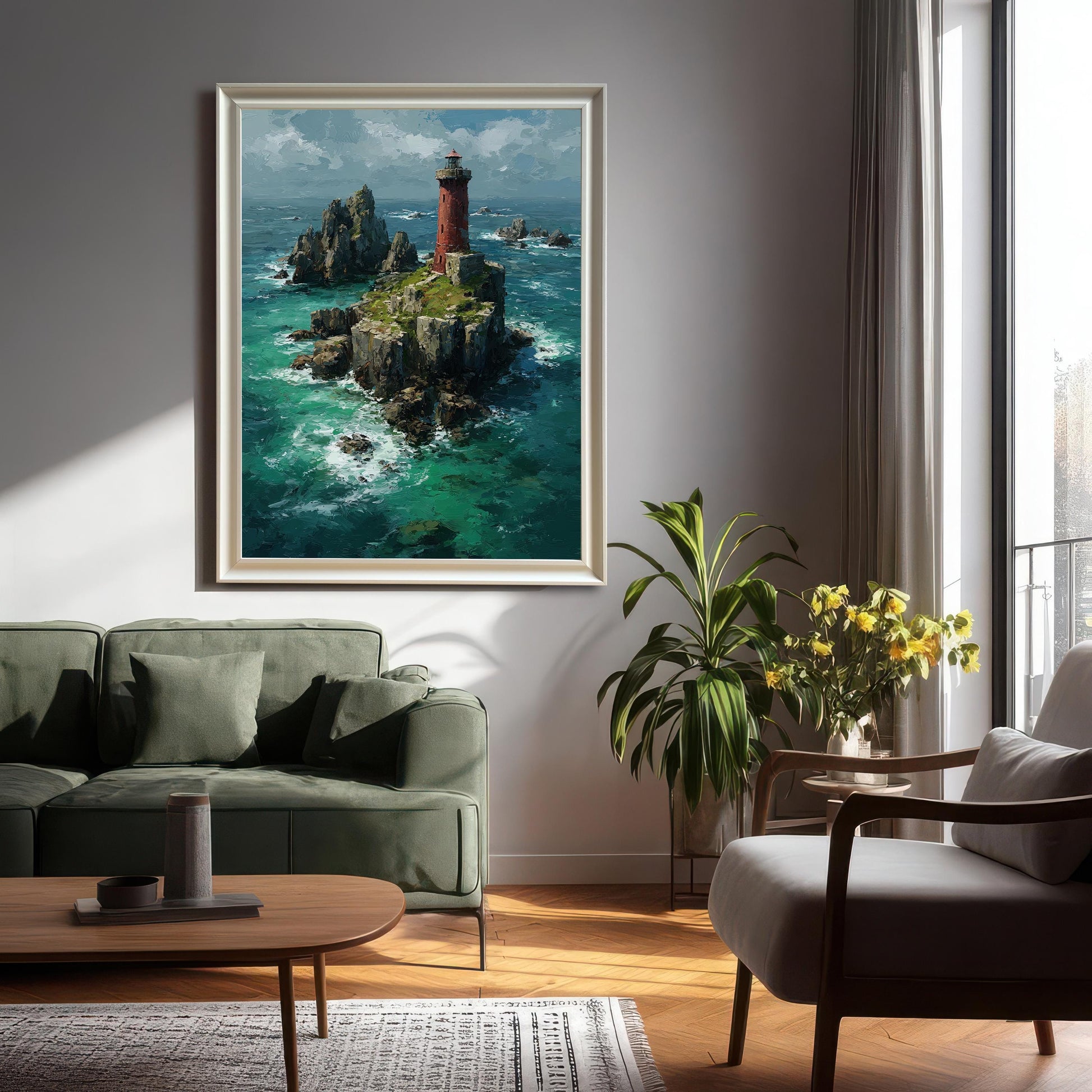 A large framed painting with a metallic silver frame hangs on a gray wall above a green couch. The painting shows a red lighthouse on a rocky island surrounded by vibrant turquoise water.
