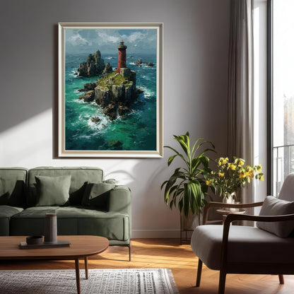 A large framed painting with a metallic silver frame hangs on a gray wall above a green couch. The painting shows a red lighthouse on a rocky island surrounded by vibrant turquoise water.