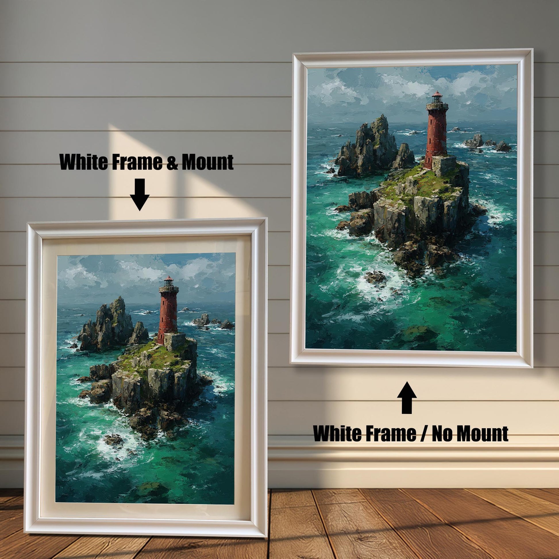 A side-by-side comparison of a lighthouse painting with a white frame. The image on the left, labeled "White Frame & Mount," includes a white mat board. The image on the right, labeled "White Frame / No Mount," has no mat.