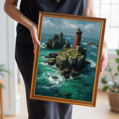 A person wearing a black dress holds up a framed painting of a lighthouse with a golden frame and a mat board. The painting features a red lighthouse on a rocky island in the ocean.