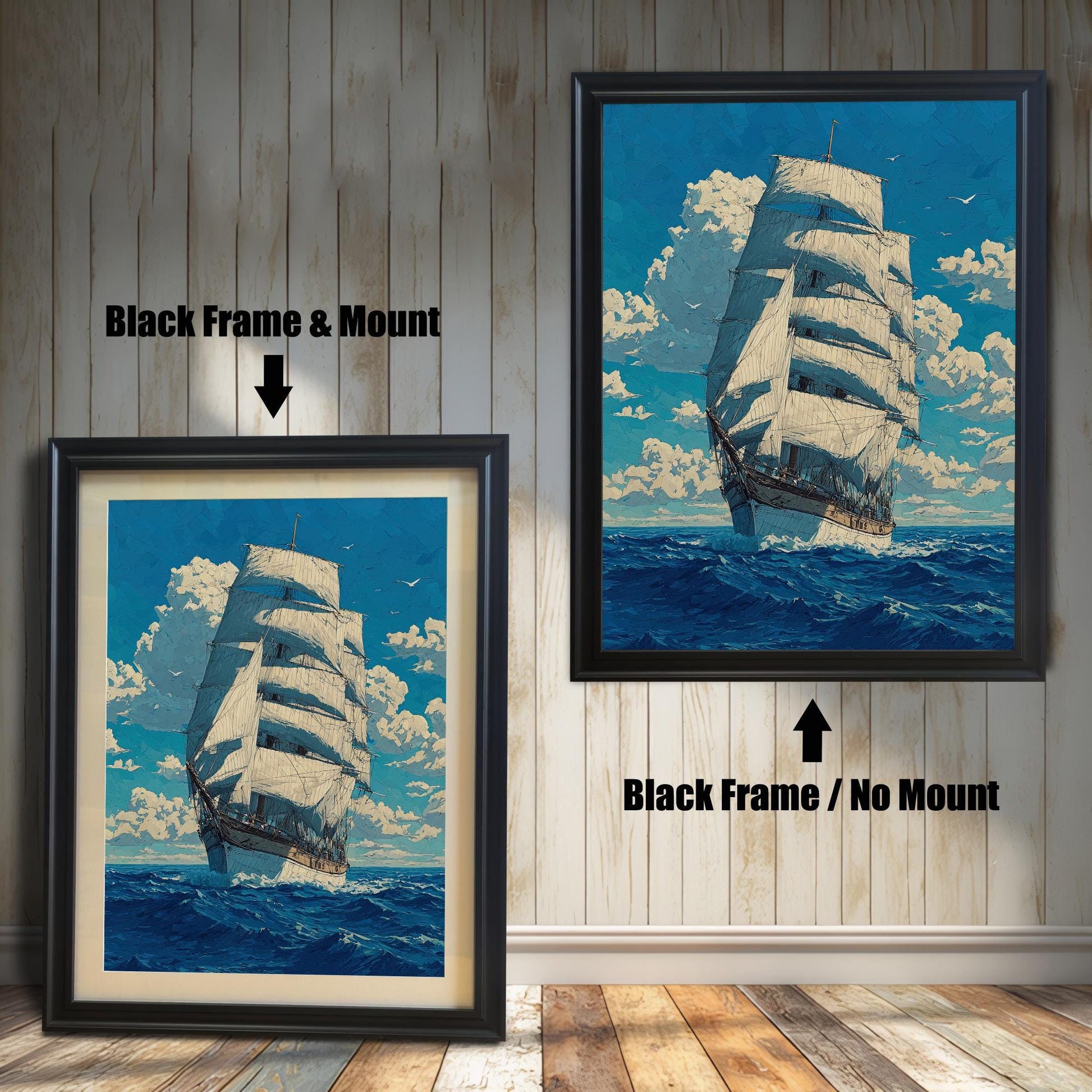 A side-by-side comparison of a tall ship painting with a black frame. The image on the left, labeled "Black Frame & Mount," includes a light-colored mat board. The image on the right, labeled "Black Frame / No Mount," has no mat.