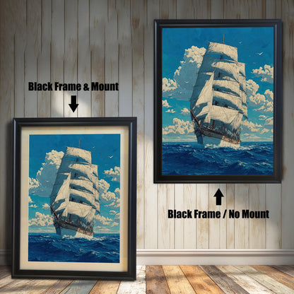 A side-by-side comparison of a tall ship painting with a black frame. The image on the left, labeled "Black Frame & Mount," includes a light-colored mat board. The image on the right, labeled "Black Frame / No Mount," has no mat.