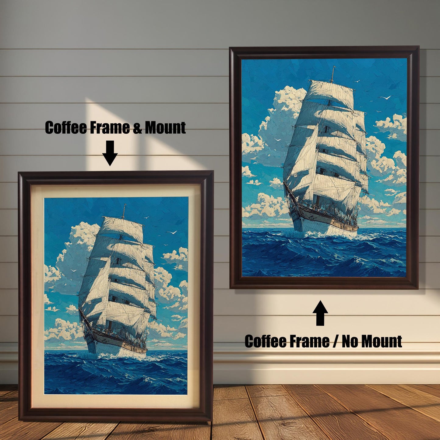 A side-by-side comparison of a tall ship painting with a coffee-colored frame. The image on the left, labeled "Coffee Frame & Mount," includes a light-colored mat board. The image on the right, labeled "Coffee Frame / No Mount," has no mat.