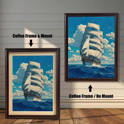 A side-by-side comparison of a tall ship painting with a coffee-colored frame. The image on the left, labeled "Coffee Frame & Mount," includes a light-colored mat board. The image on the right, labeled "Coffee Frame / No Mount," has no mat.
