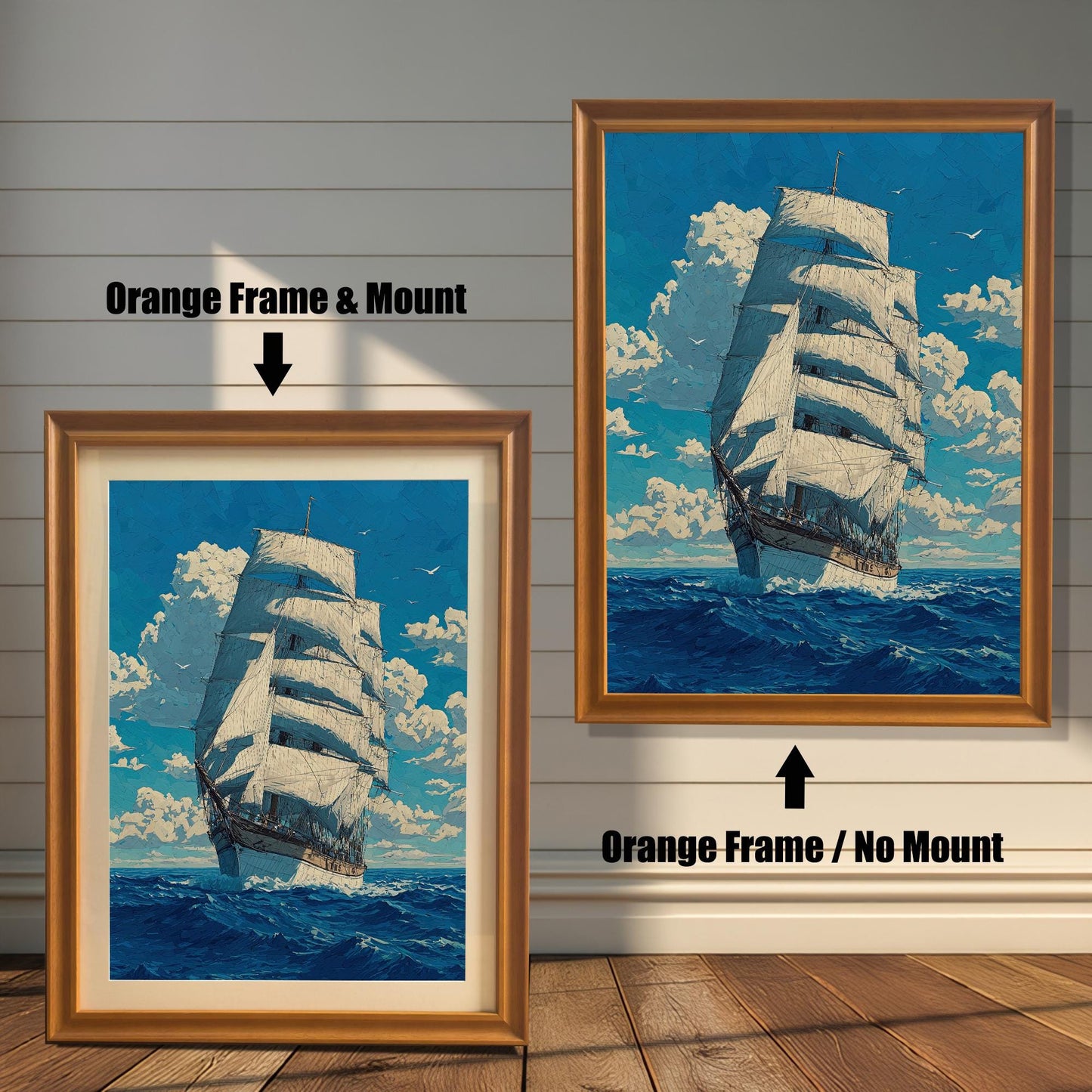 A side-by-side comparison of a tall ship painting with an orange-colored frame. The image on the left, labeled "Orange Frame & Mount," includes a light-colored mat board. The image on the right, labeled "Orange Frame / No Mount," has no mat.