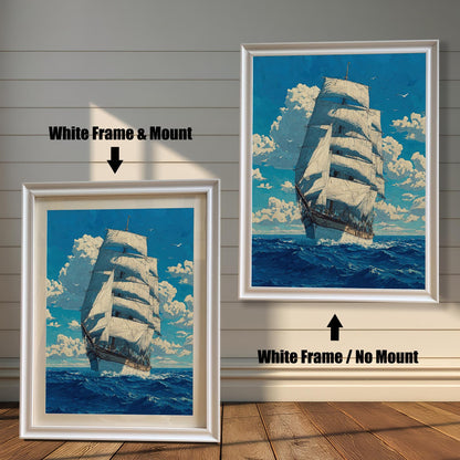 A side-by-side comparison of a tall ship painting with a white frame. The image on the left, labeled "White Frame & Mount," includes a white mat board. The image on the right, labeled "White Frame / No Mount," has no mat.