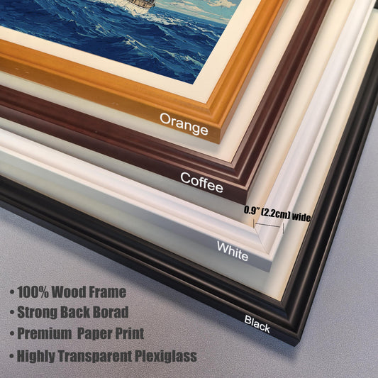 A close-up, stacked view of the corner of four different colored frames: orange, coffee, white, and black. A measurement arrow shows the frame is 0.9 inches (2.2 cm) wide. Bullet points list features: "100% Wood Frame," "Strong Back Board," "Premium Paper Print," and "Highly Transparent Plexiglass."