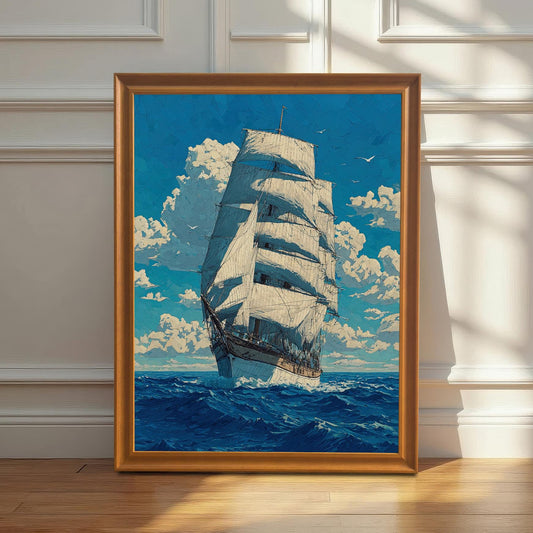 A framed painting with a golden frame and a mat board is leaning against a white wainscoted wall. The painting shows a tall ship sailing on a blue sea under a cloudy sky.
