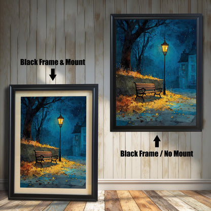 A painting of a dark street with a glowing lamppost and a bench. The left side shows the painting with a black frame and a mount, and the right shows it with a black frame and no mount.