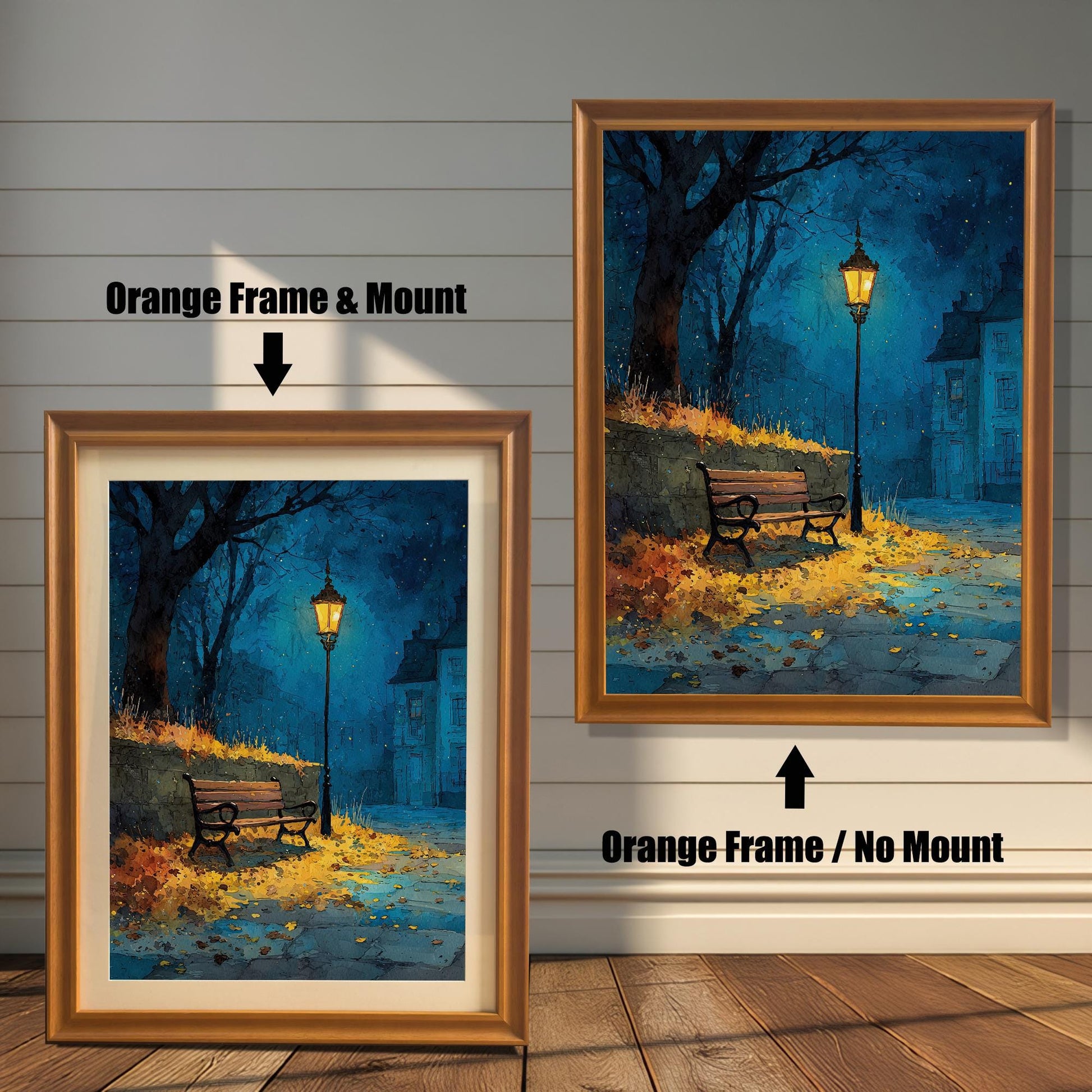 A painting of a dark street with a glowing lamppost and a bench. The left side shows the painting with an orange frame and a mount, and the right shows it with an orange frame and no mount.