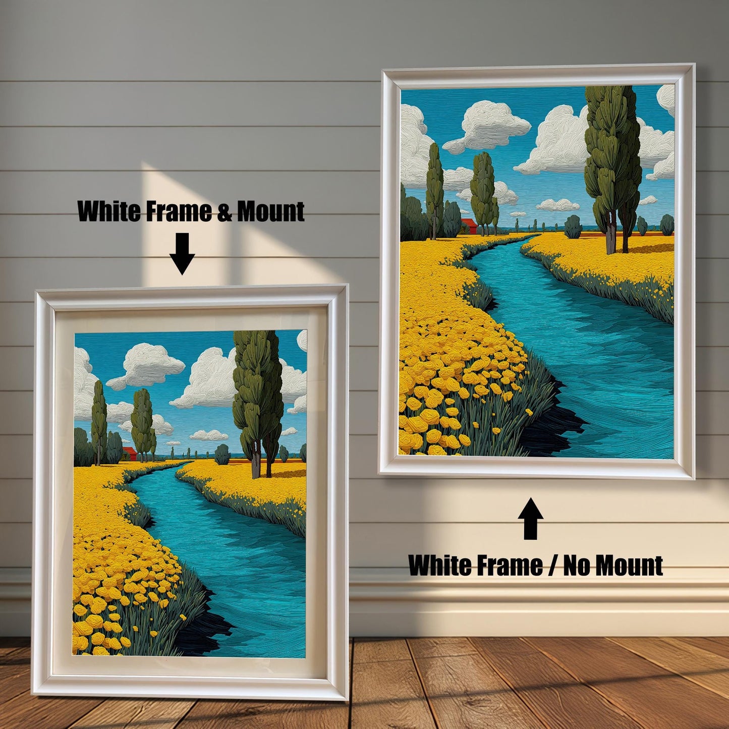 A vibrant painting of a winding blue river through a field of yellow flowers and tall green trees. The left side shows the painting with a white frame and a mount, while the right shows it with a white frame and no mount.
