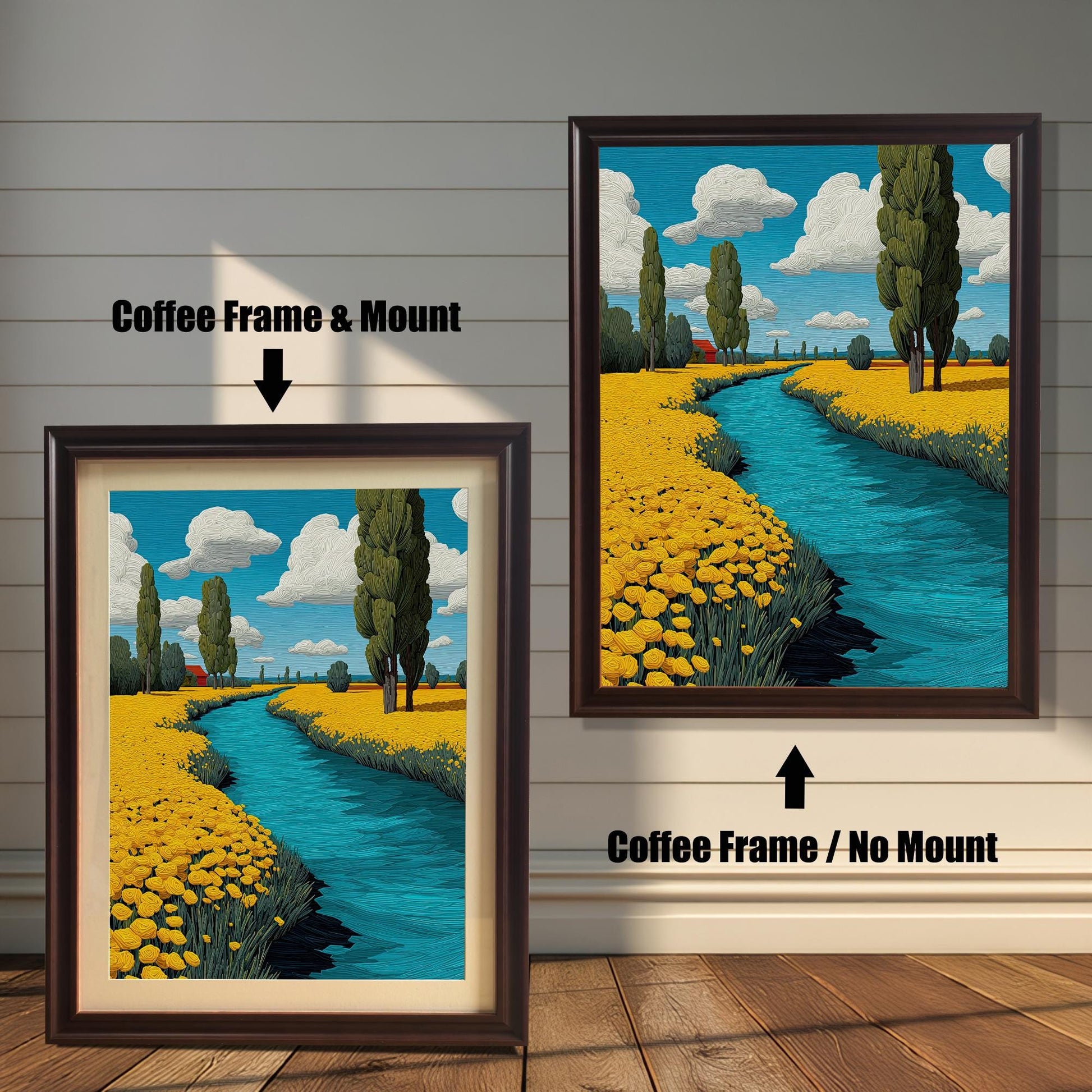 A painting of a river flowing through a field of yellow flowers. The left side shows the painting with a coffee-colored frame and a mount, and the right shows it with a coffee-colored frame and no mount.