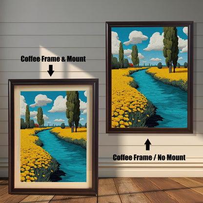 A painting of a river flowing through a field of yellow flowers. The left side shows the painting with a coffee-colored frame and a mount, and the right shows it with a coffee-colored frame and no mount.