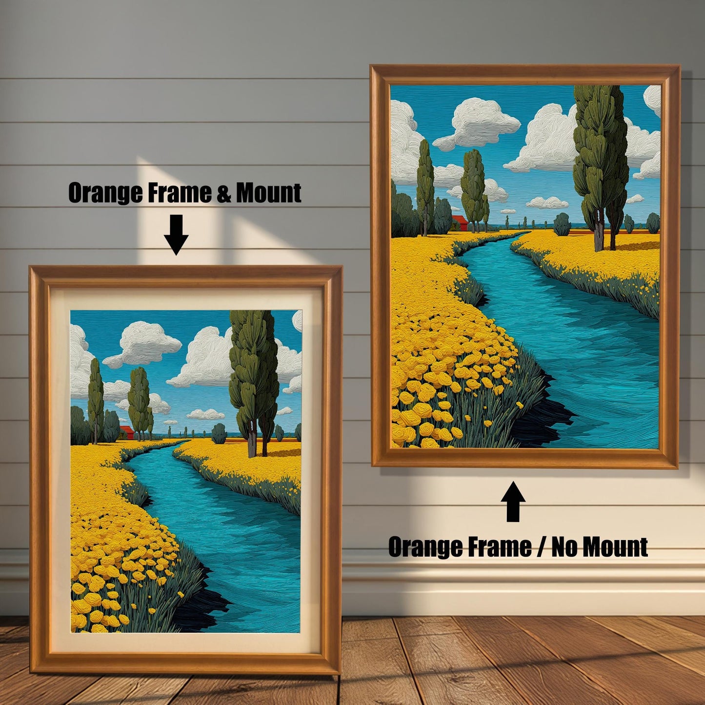 A painting of a river flowing through a field of yellow flowers. The left side shows the painting with an orange frame and a mount, and the right shows it with an orange frame and no mount.