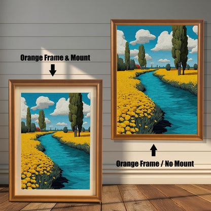 A painting of a river flowing through a field of yellow flowers. The left side shows the painting with an orange frame and a mount, and the right shows it with an orange frame and no mount.