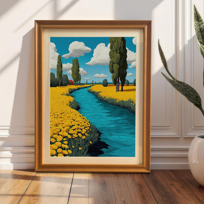 A framed painting of a river flowing through a field of yellow flowers. The painting, in an orange frame with a mount, is leaning against a white wall next to a large potted plant.