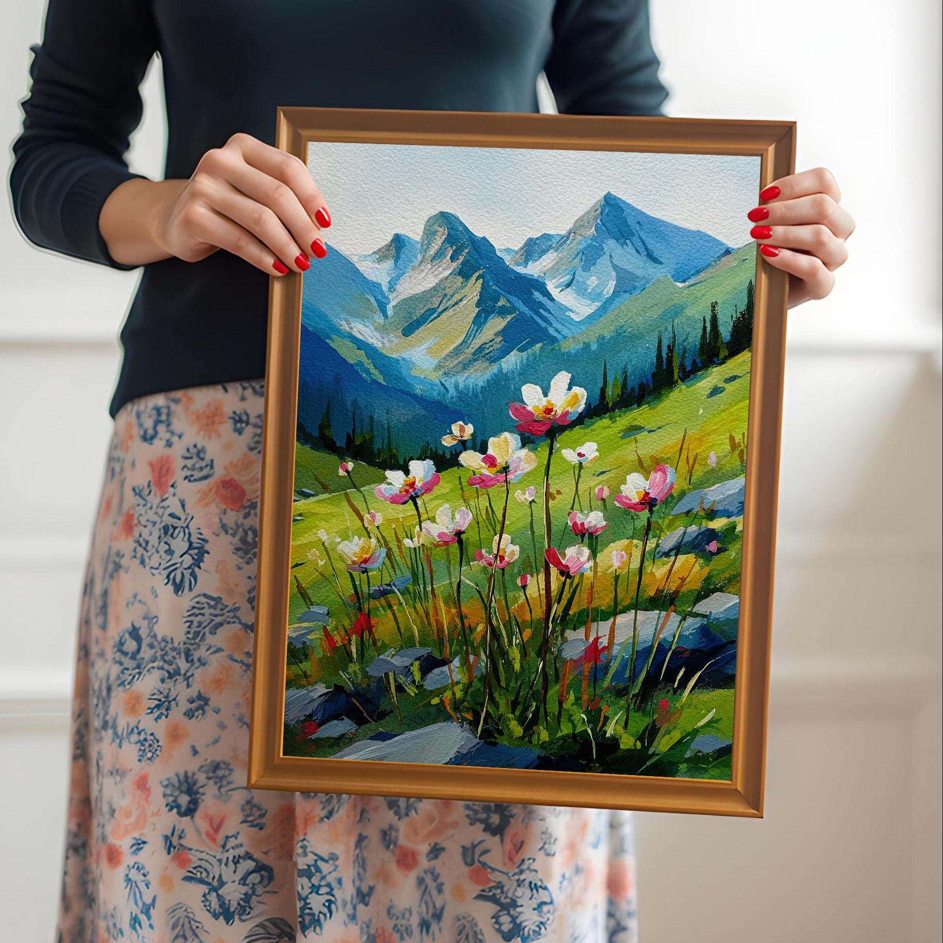 A person wearing a black shirt and a floral skirt holds up a framed painting of a field of flowers with mountains in the background. The frame is a light golden color.