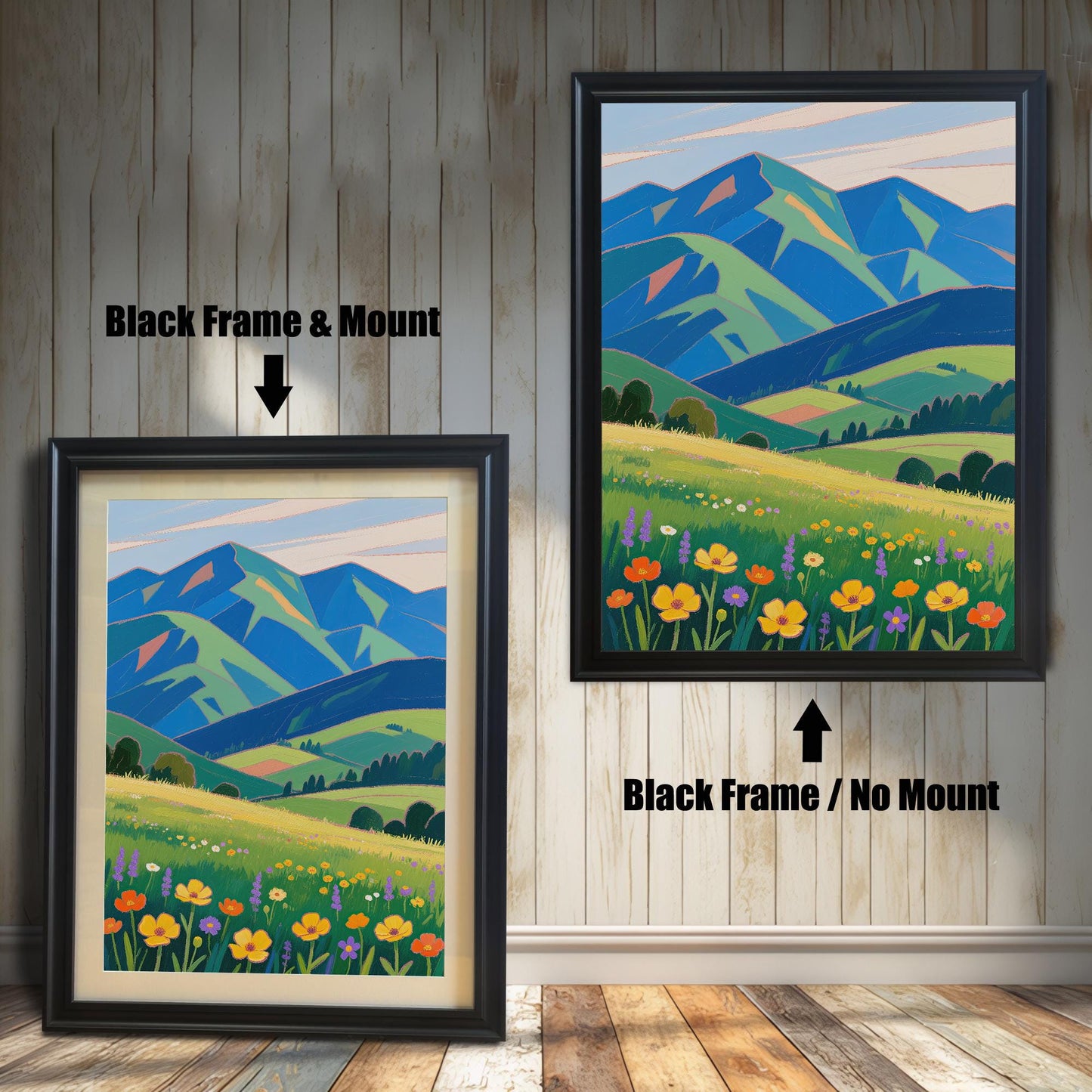A framed painting of a meadow with colorful flowers and mountains in the background. The left side shows the painting with a black frame and a mount, and the right shows it with a black frame and no mount.