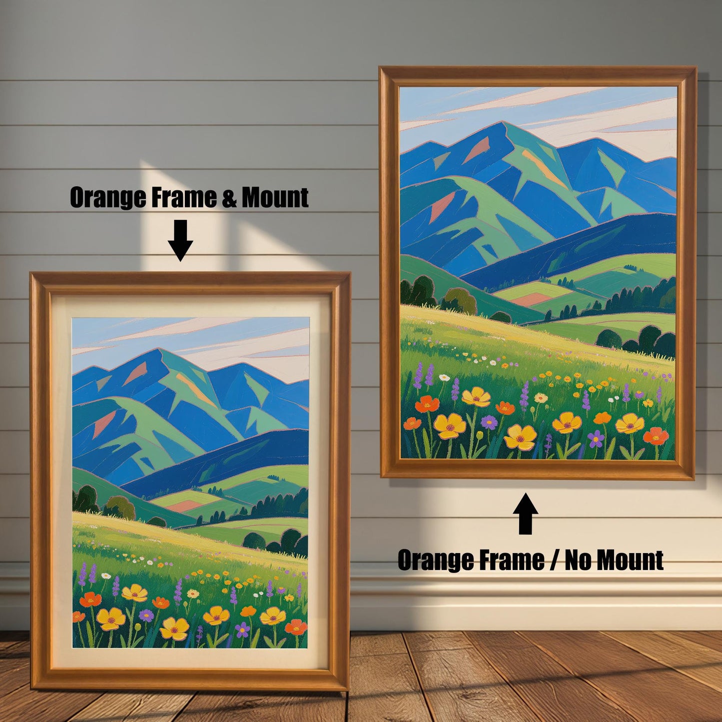 A framed painting of a meadow with colorful flowers and mountains. The left side shows the painting with an orange frame and a mount, and the right shows it with an orange frame and no mount.