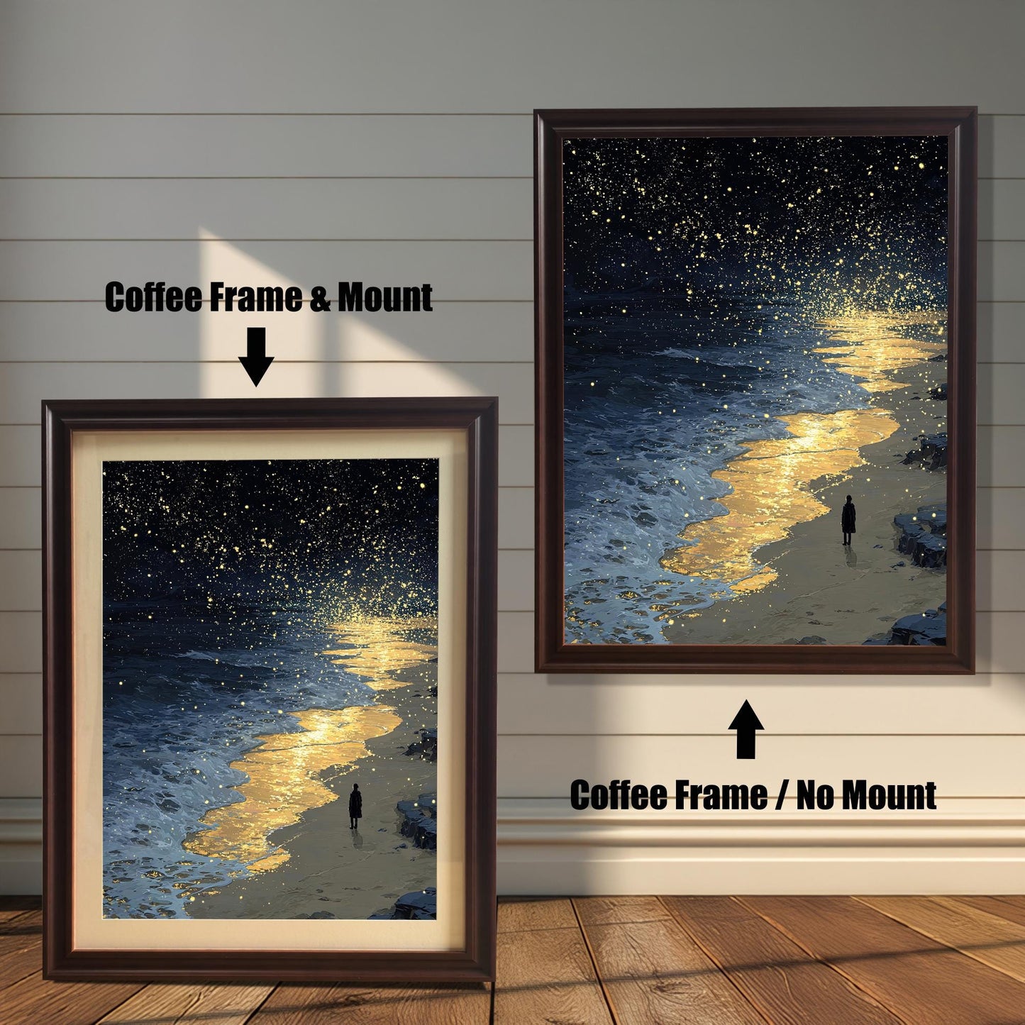 A painting of a starry night sky over a beach with a person on the shore. The left side shows the painting with a coffee-colored frame and a mount, and the right shows it with a coffee-colored frame and no mount.