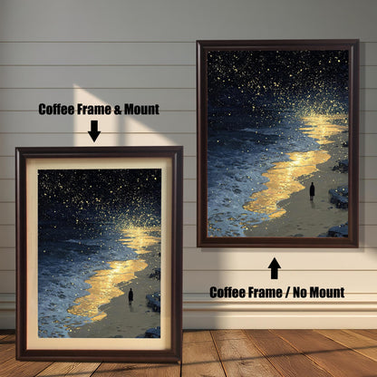A painting of a starry night sky over a beach with a person on the shore. The left side shows the painting with a coffee-colored frame and a mount, and the right shows it with a coffee-colored frame and no mount.
