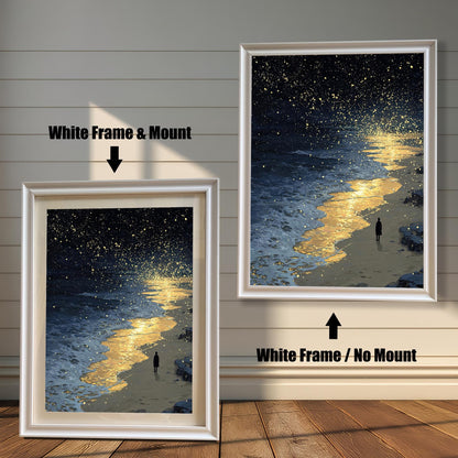 A painting of a starry night sky over a beach with a person on the shore. The left side shows the painting with a white frame and a mount, and the right shows it with a white frame and no mount.