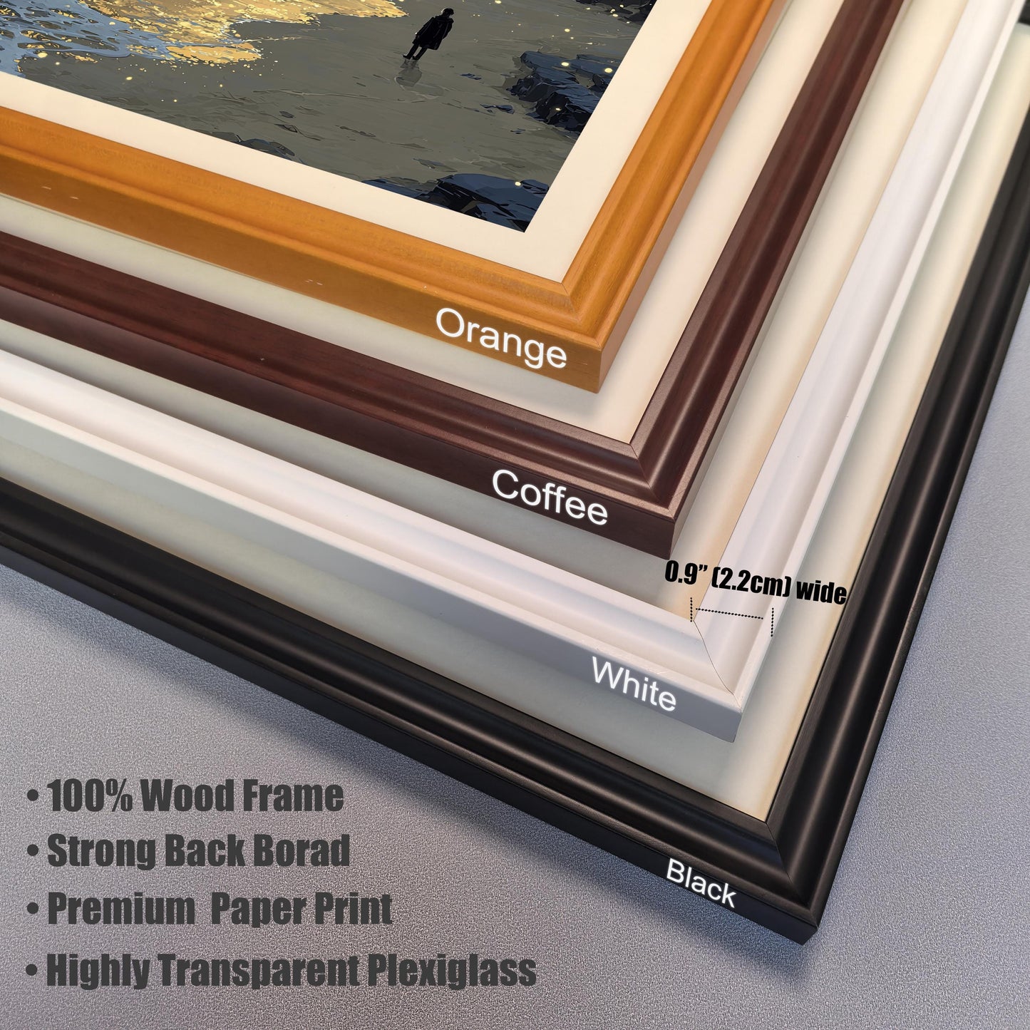 A stack of four wooden picture frame corners in different colors: orange, coffee, white, and black. The text notes that the frames are 0.9 inches wide and made of 100% wood.