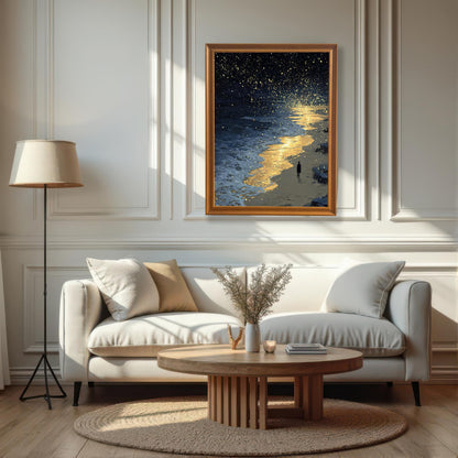 A framed painting of a starry night sky over a beach, hanging on a white paneled wall above a white couch.