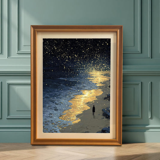 A framed painting of a starry night sky over a beach. The painting is in an orange frame and is leaning against a paneled, teal-colored wall.