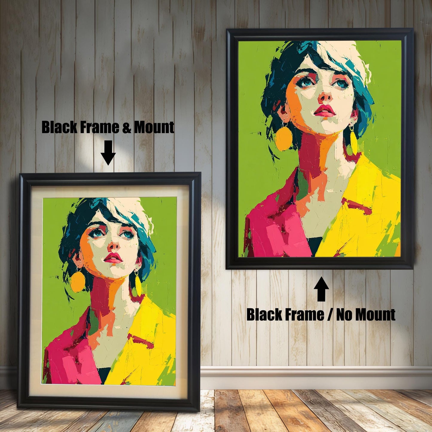Two framed pop art prints of a woman in a yellow and pink jacket are shown. The left image is framed in black with a white mount, and the right is framed in black without a mount.